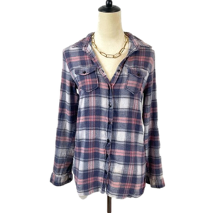 PASSPORT Purple Blue White Plaid Long Sleeve Button Down Size Juniors Large